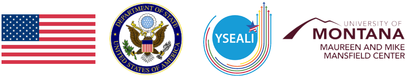 A logo of an American Flga, DoS badge, YSEALI badge, and The University of Montana Maureen and Mike Mansfield badge